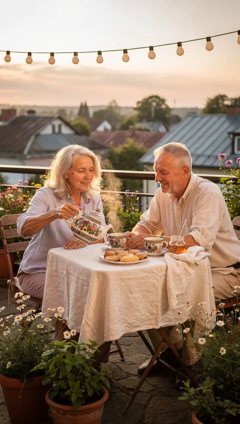 Ramus vakaro arbatos ritualas su šviežiai paruošta žolelių arbata ir minkštu apšvietimu, skatinantis atsipalaidavimą.