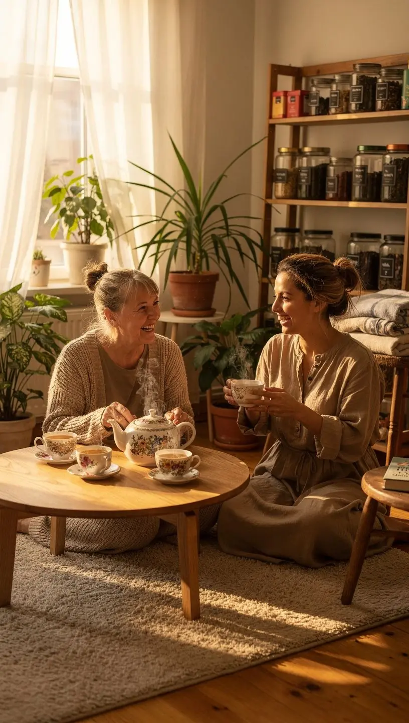 Artimas vaizdas į rankas, laikiančias keramikinį puodelį arbatos, simbolizuojantį raminančią vakarienės rutiną.