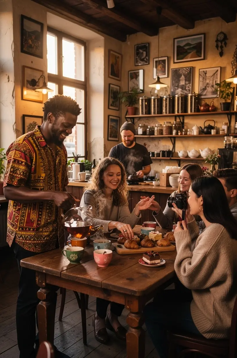 Stilingas stalas su arbatos rinkiniu, knyga ir žvakėmis, atspindintis sveikatingumo ir ramybės svarbą kasdieniame gyvenime.